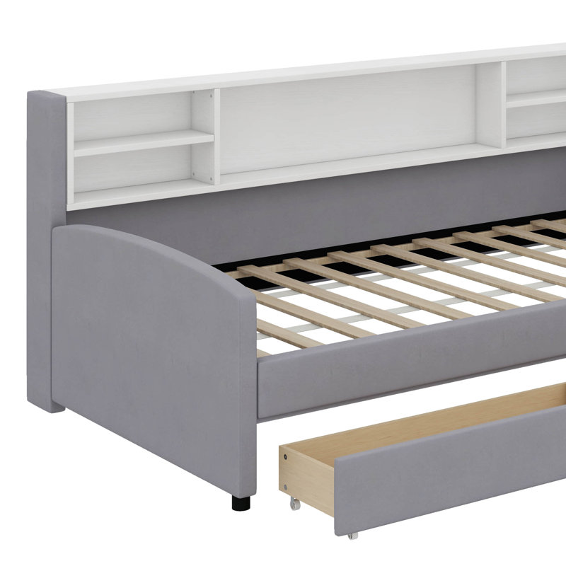 Lit plateforme simple tapissier avec tiroirs, Gris