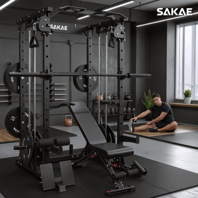 Multi-Function Squat Rack with Cable Crossover System, Power Rack with LAT Pull Down, Pull-Up Bar, Dip Bars, Weight Bench, 260 LB Bumper Plates, 7 FT Olympic Bar & Training Attachments