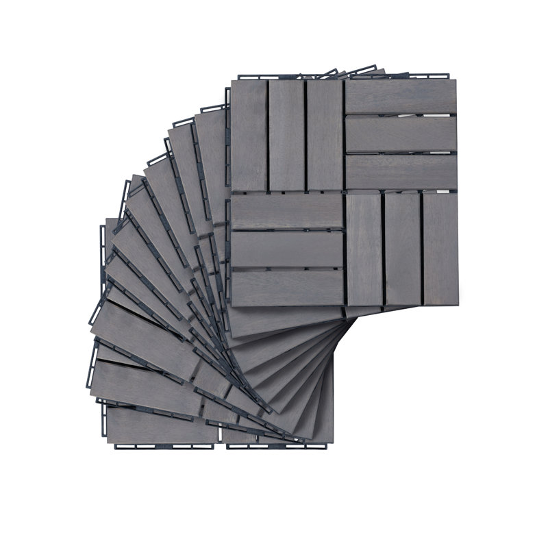 30 carreaux de terrasse imbriqués à rayures, 12 po x 12 po, plancher de bois franc d'acacia gris clair pour patio
