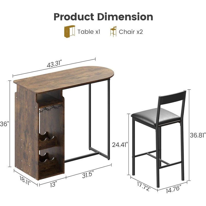 Ensemble de table de bar et chaises pour 2, avec support à vin à deux niveaux, Brun