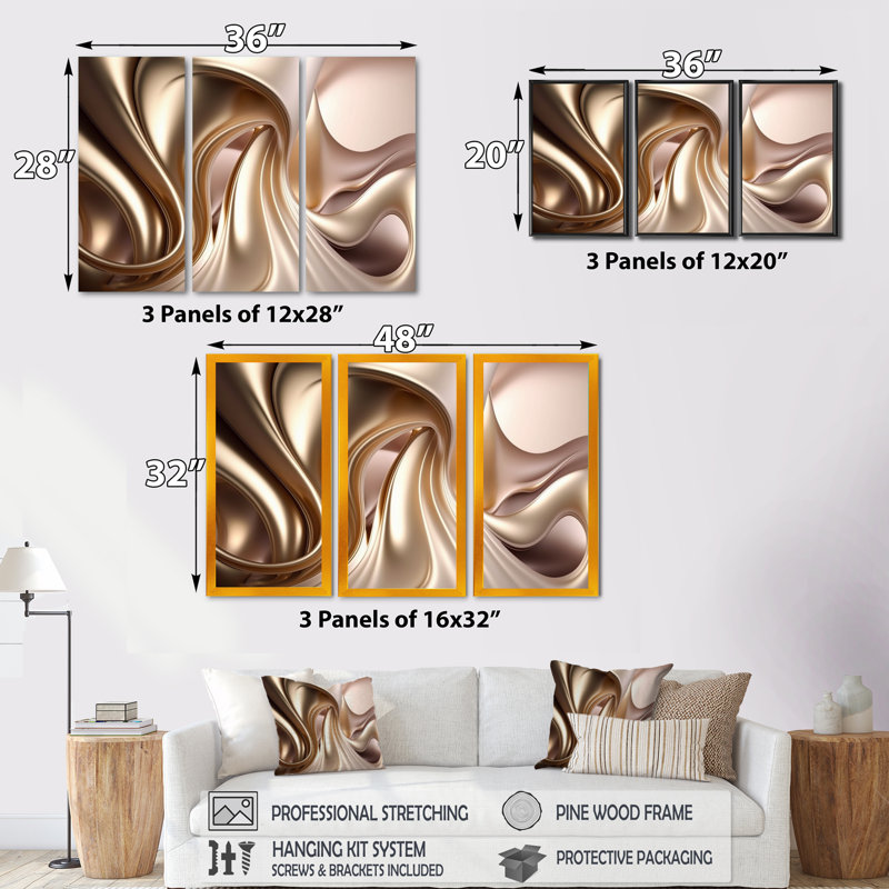 Subtil sophistication en rose exquis et or VII - 3 pièces sur toile, Toile encadrée noire, H 28 po x l 36 po x P 1 po