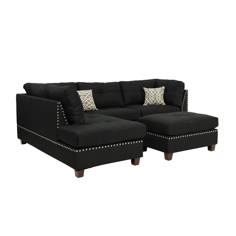 Reversible Polyfiber Sectional Sofa with Ottoman, Black
