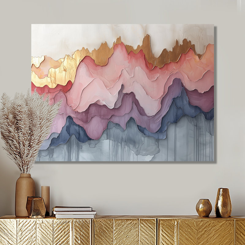«Abstract Gold and Pink Ink River», impression murale abstraite à l'encre liquide en métal, H 16 po x l 32 po