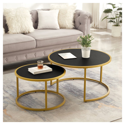 Modern Round Nesting Coffee Tables with Faux Leather Top and Gold Metal Base, Set of 2