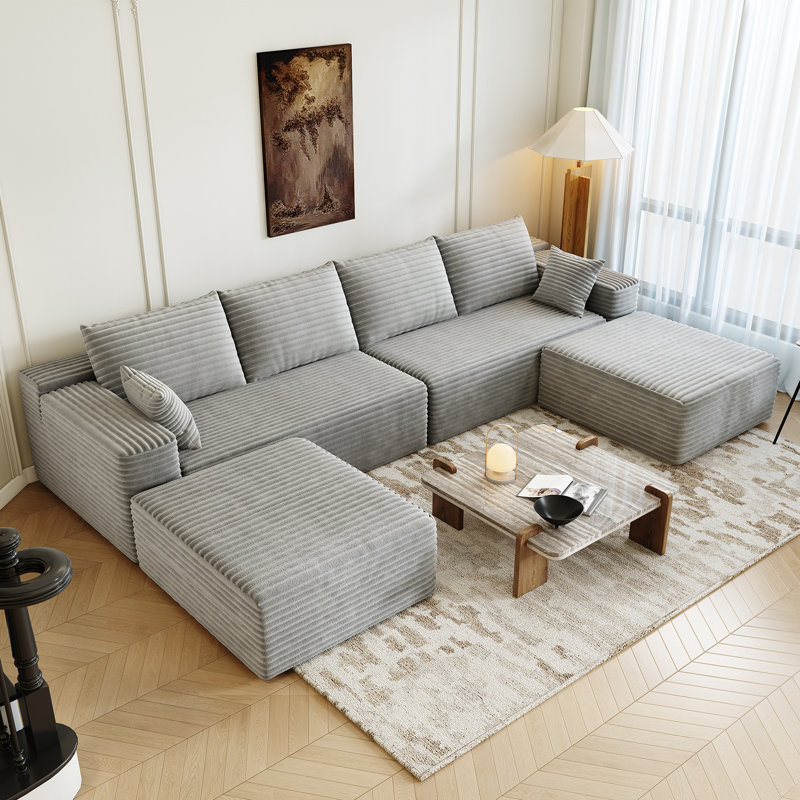 139.4" Modular Sectional Sofa, U-Shaped Minimalist Couches with 2 Ottomans Chaise, Modern Deep Seat Convertible Sleeper Sofa Bed,Cloud Plush Corduroy Fabric, No Assembly Required, 6 Seater