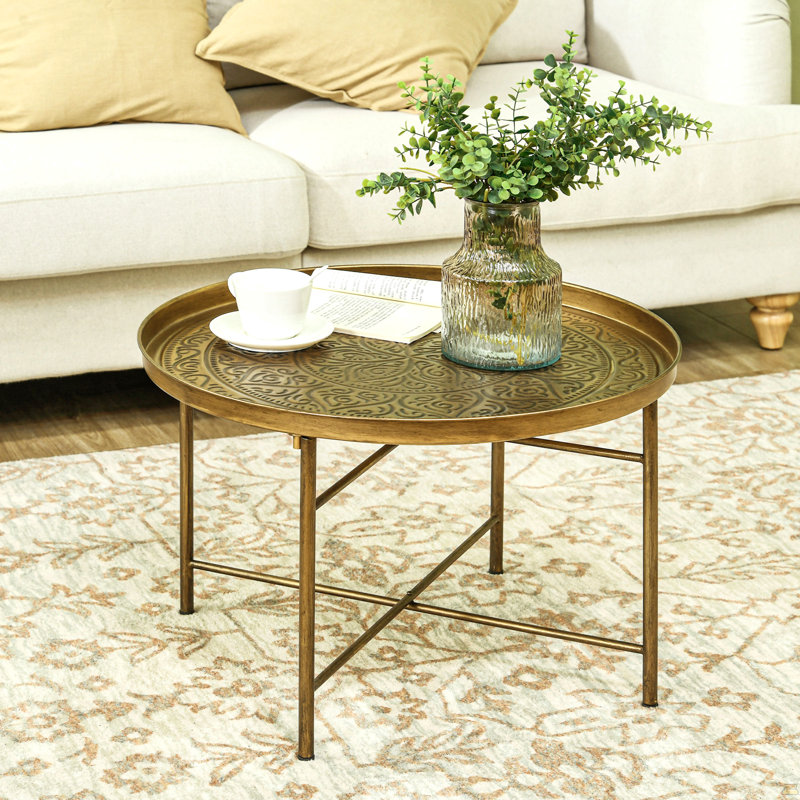 Table basse ronde de 24 po avec plateau martelé, table centrale en métal rétro pour le salon, la chambre à coucher, la table d'appoint, or