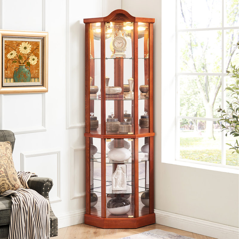 Oak Finish Display Cabinet With Adjustable Glass Shelves And Carvings Gorgeous Corner Feature, Oak