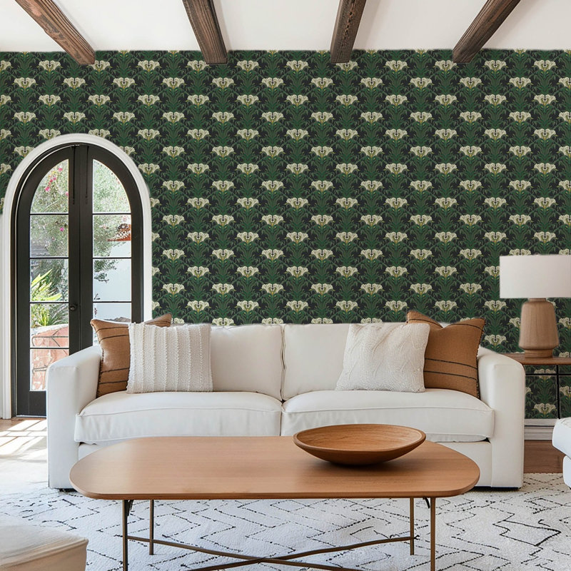 Mirrored Flower - Botanical Wallpaper, Black, Green, Cream, Faux Grasscloth, Non-Pasted