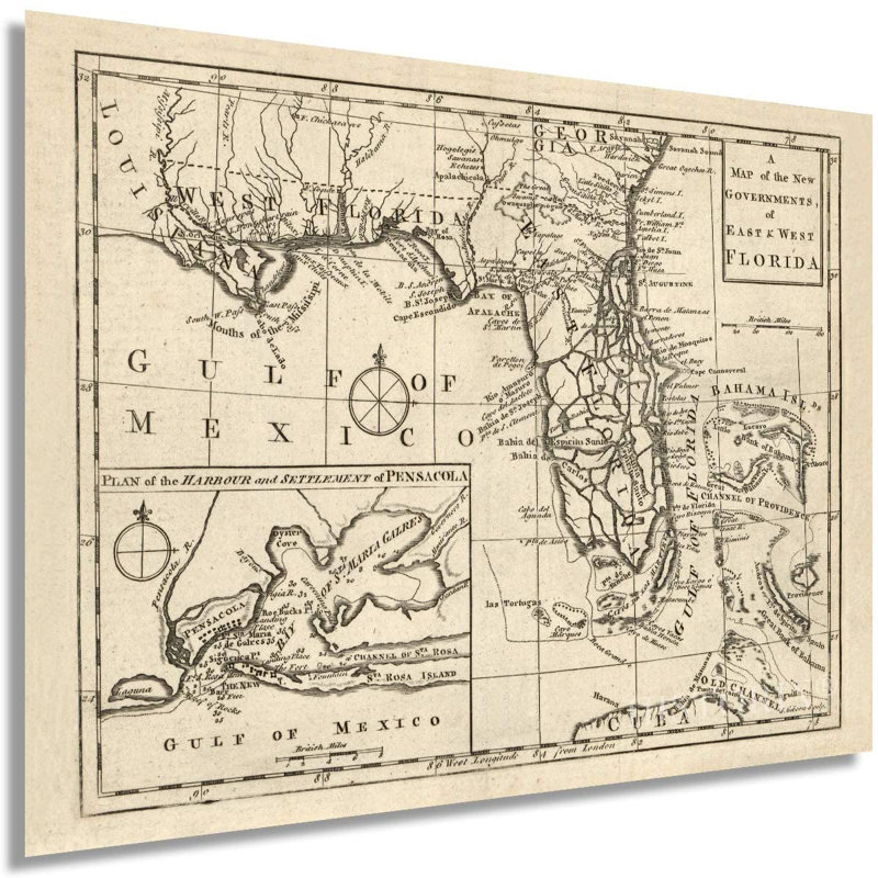 1763 East & West Florida Map, art mural sur papier, H 24 po x l 30 po x P 0,1 po