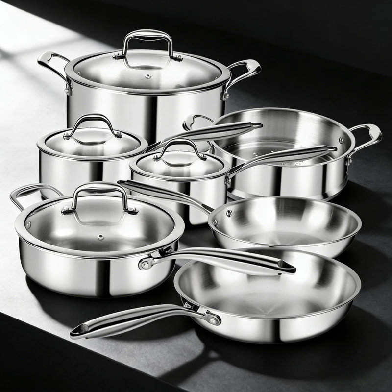 Ensemble de batterie de cuisine en acier inoxydable 11 pièces, casseroles et poêles de cuisine professionnelle à 3 plis avec couvercles, compatible avec l'induction, allant au four et au lave-vaisselle, batterie de cuisine non toxique de qualité chef