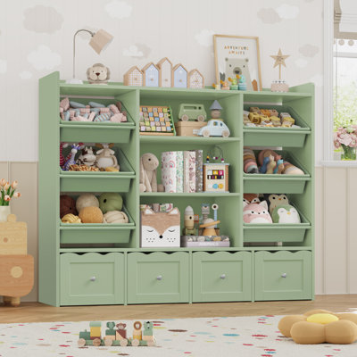 🧸 55"W x 48"H Multi-Functional Kids Organizer: 4-Drawer Toy Storage & Bookshelf with 6 Removable Bins