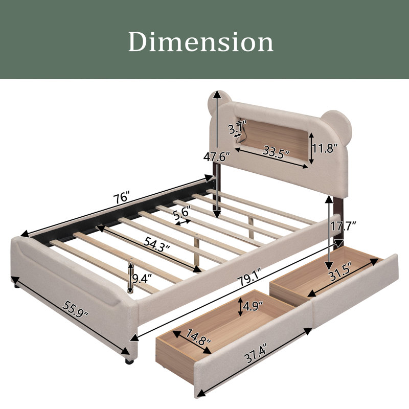 Lit double avec rangement double, Beige