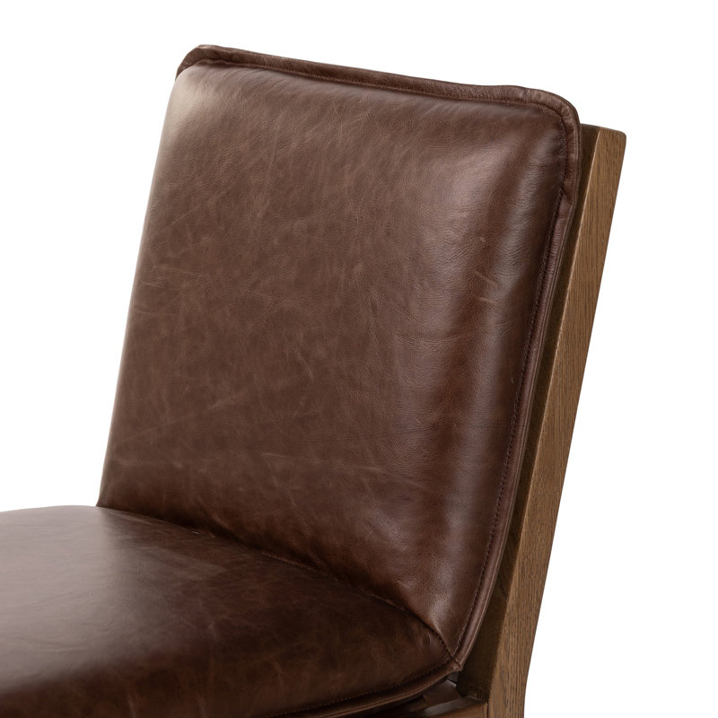 Wautoma Linen Upholstered Dining Chair in Beige, Brown Genuine Leather