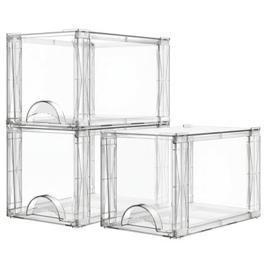 Bac de rangement transparent en plastique empilable avec porte avant incurvée, organisateur polyvalent pour chaussures, jouets et articles ménagers