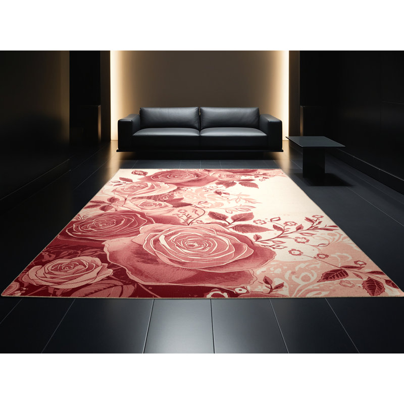 Machine Washable Paesyn Rose Classic Floral Rug in Beige – Beige Binding, 7' Square