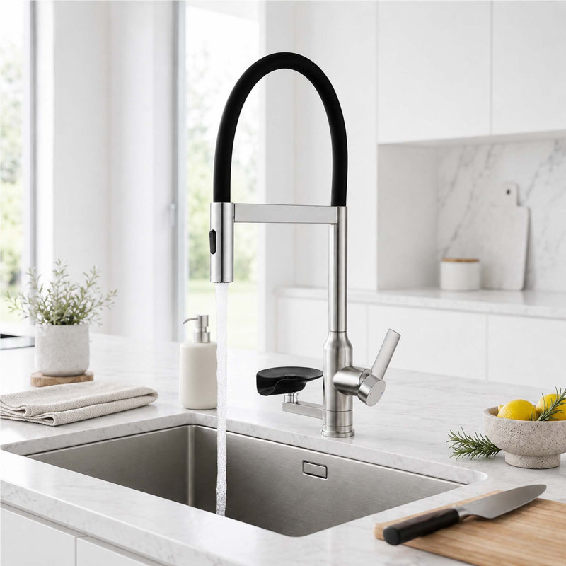 Robinet de cuisine avec douchette extractible et rince-verre, robinet mitigeur monocommande à bec haut en acier inoxydable, fixation magnétique, bec pivotant à 360°, montage sur plage, nickel brossé