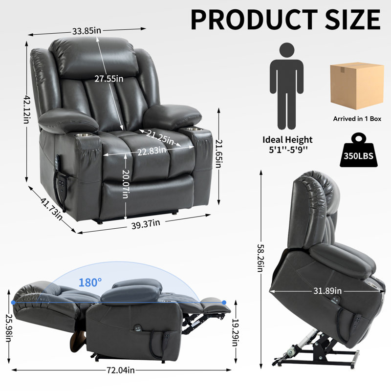  Fauteuil inclinable à double moteur et releveur électrique avec massage à plat inclinable à 180 degrés avec porte-gobelets, gris