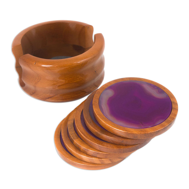 Wood Round 1 Piece Coaster Set With Holder