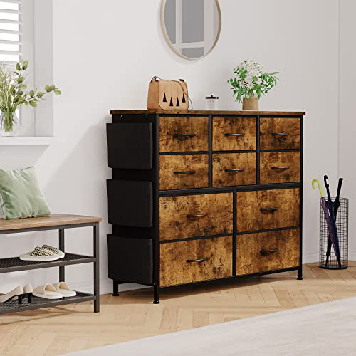 Commode pour chambre à coucher avec 10 tiroirs, commode à vêtements avec poches latérales et crochets, commode, Brun