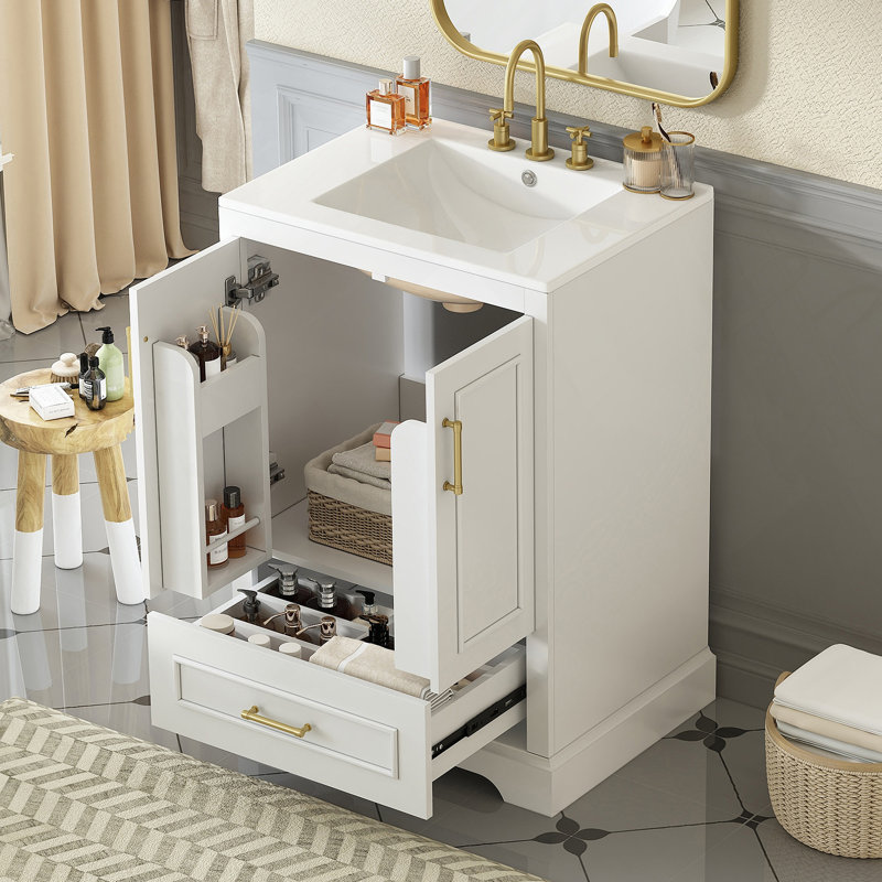 Meuble-lavabo 24 po avec lavabo, armoire en panneau de fibres à densité moyenne avec cadre en bois massif, 1 tiroir divisé et 2 portes à fermeture douce avec double tablette sur la porte, meuble-lavabo autoportant