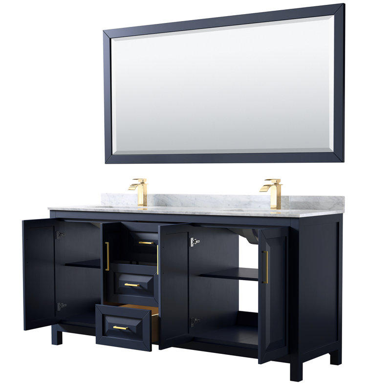 Daria 72'' W Double Vanity, White Cultured Marble, Dark Blue, Brushed Gold