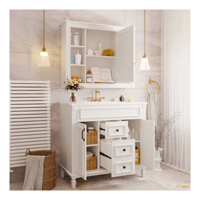 Meuble-lavabo de 36 po avec lavabo supérieur, armoire à miroir, armoire de rangement moderne avec 2 portes à fermeture douce et 2 tiroirs, meuble-lavabo simple