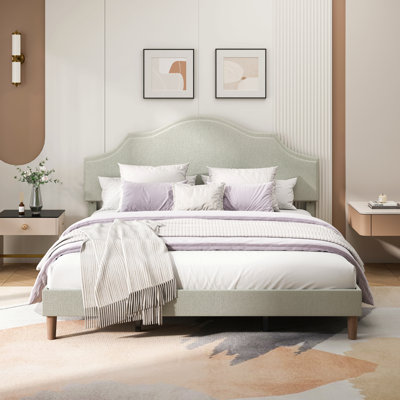 Lit plateforme rembourré avec tête de lit ajustable, rembourré en tissu de lin, lit plateforme simple de style moderne sans sommier