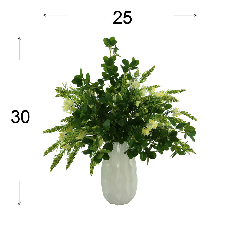 Budding Hydrangeas and Boxwoods Arranged in a Ceramic Vase