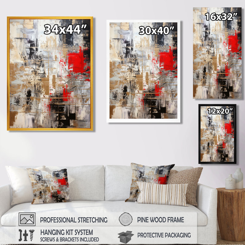 «Red Red Abstract Minimalisme» - art mural géométrique, Cadre flottant doré, H 44 po x l 34 po x P 1,5 po