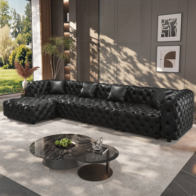 Modern Faux Leather Upholstered 4-Seater Sectional Sofa Set with Handmade Button Tufting, Ottoman, and Pillows for Versatile Living Room Arrangements