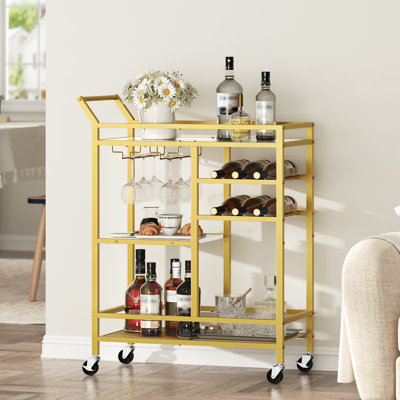 3-tier Serving Bar Cart With Mirrored Top Beverage Cart With Wine Rack And Glass Holder Drink Cart With Wheels by Mercer41
