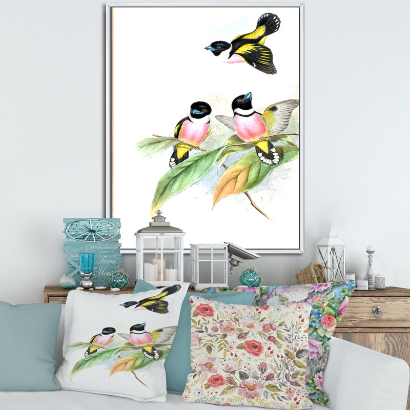 Oiseaux d'époque III - peinture sur toile, H 32 po x l 16 po x P 1 po, Cadre flottant blanc