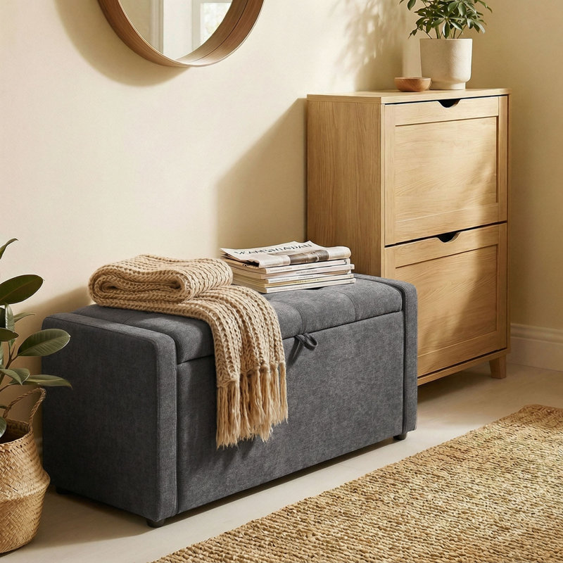 Banc de rangement avec repose-pieds, repose-pieds avec large assise rembourrée, gris foncé, Gris foncé