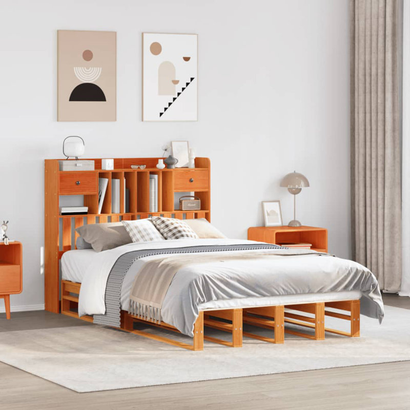 Fotou Solid Wood Bed, 110cm H x 213cm W x 141cm D, Wax Brown