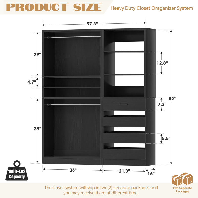 Système d'organisation avec tiroirs et tringles de suspension, organisateur de garde-robe de l 80 po de hauteur, Noir