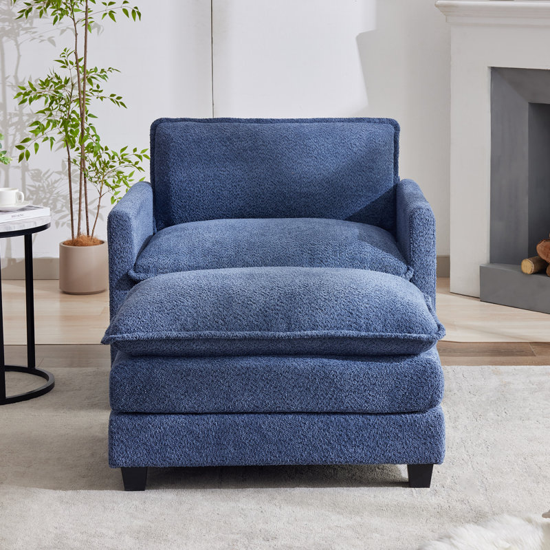 Fauteuil d'appoint rembourré avec repose-pieds Redenius Boucle, Mélange de polyester bleu marine