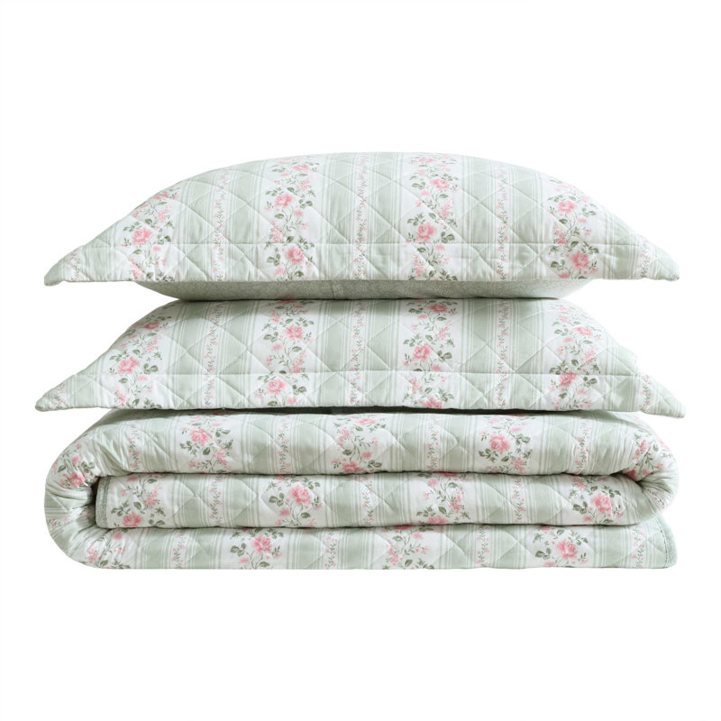 Laura Ashley Rosebud Stripe Green Cotton Reversible Quilt Set, Queen Quilt + 2 Standard Shams