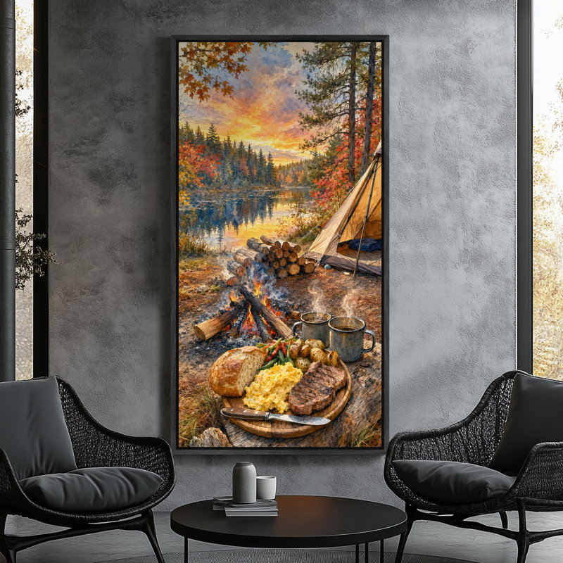 «Cozy Camping Trip By Forest Lake Campfire Scene», impression sur toile encadrée, H 60 po x l 30 po x P 1,5 po, Noir