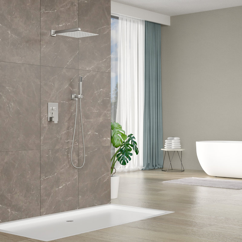 Système de pomme de douche, robinet de douche mural carré en acier inoxydable de 10 pouces avec valve, Nickel brossé
