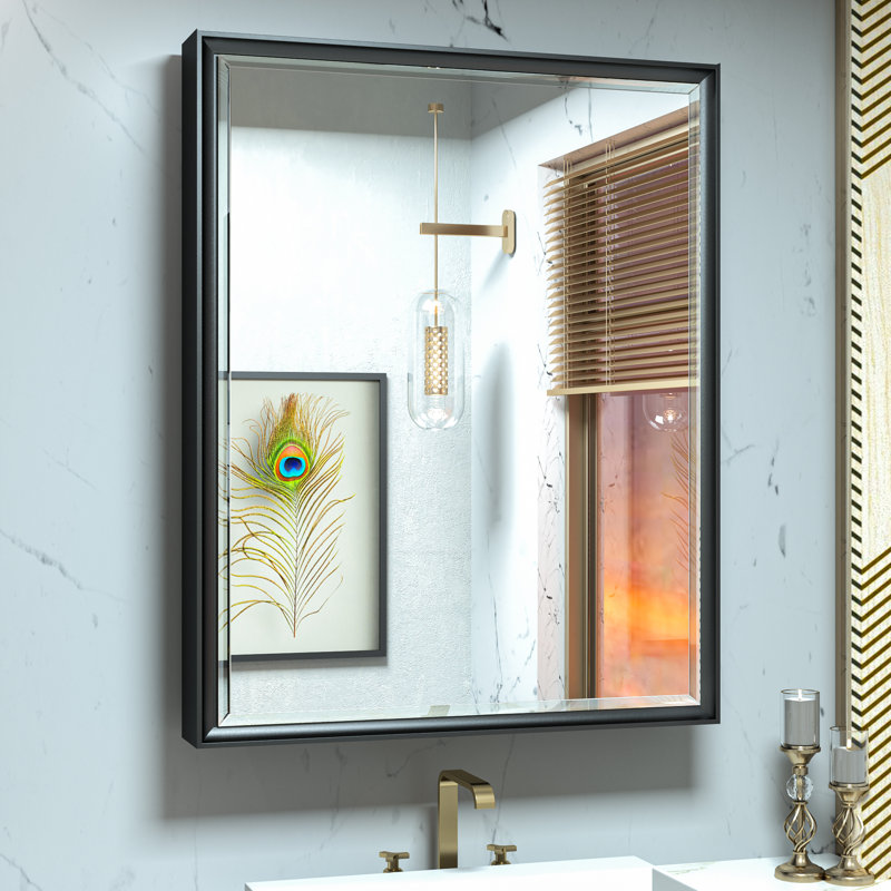 Cyrille Recessed & Surface Framed Medicine Cabinet with Mirror and Shelves, Black, 30" H x 24" W x 5.2" D