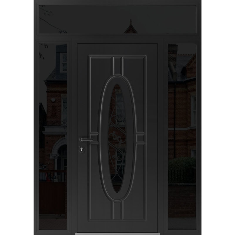 Porte d'entrée extérieure prémontée en acier Ronex 1277, émail noir, avec deux fenêtres latérales et supérieures, imposte latérale, inserts en acier inoxydable. Style moderne, peinturé, largeur 40,6 + 91,4 + 40,6 cm x hauteur 203,2 + 40,6 cm, ouverture à droite vers l'intérieur.