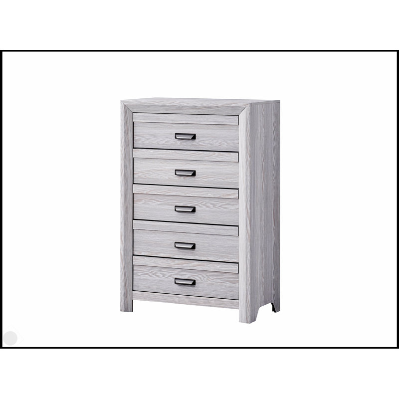 Commode contemporaine à cinq tiroirs avec finition en bois flotté gris, meubles de rangement rustiques en bois pour la chambre à coucher