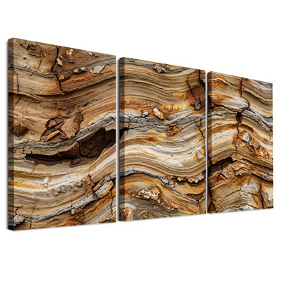 Ensemble de 3 toiles murales représentant des strates rocheuses ondulées et craquelées dans des tons terreux