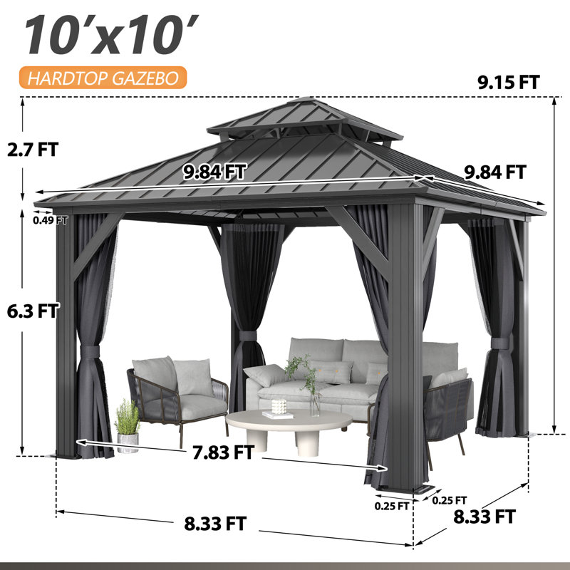 10 ft x 10 ft Black Aluminum Frame Gazebo with Curtains and Netting