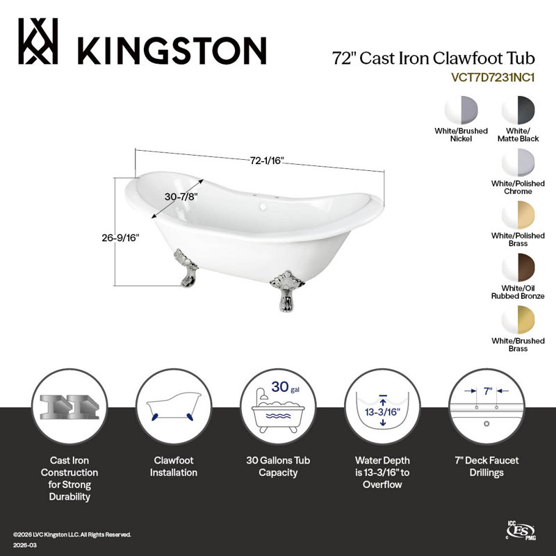 Kingston Brass Aqua Eden 72-Inch Cast Iron Oval Double Slipper Clawfoot Tub (7-Inch Faucet Drillings), Oil Rubbed Bronze