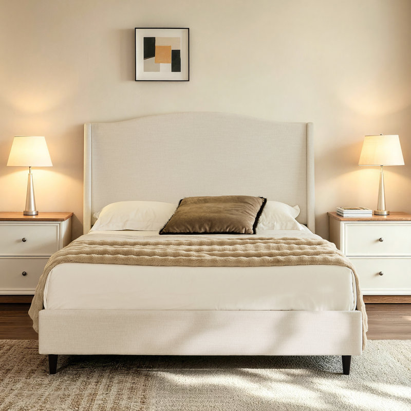 Ana Upholstered Wingback Platform Bed with Curved Headboard, Queen, Ivory