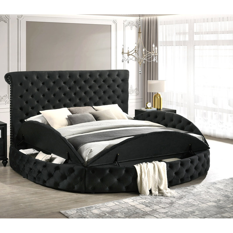 1pièce lit de rangement très moelleux rond en velours noir capitonné