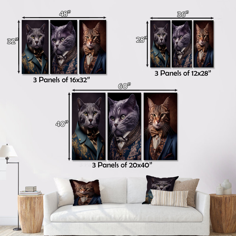 «Elegant Cat In Fancy Blue Fashion Design I», reproduction sur toile 3 pièces, H 28 po x l 36 po x P 1 po