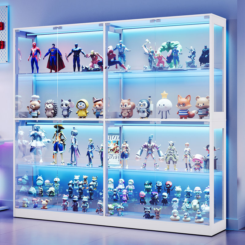 Modern RGB Display Cabinet with Adjustable Glass Shelves and LED Lighting, 4-Tier, White, 75"W x 16"D x 70"H, White