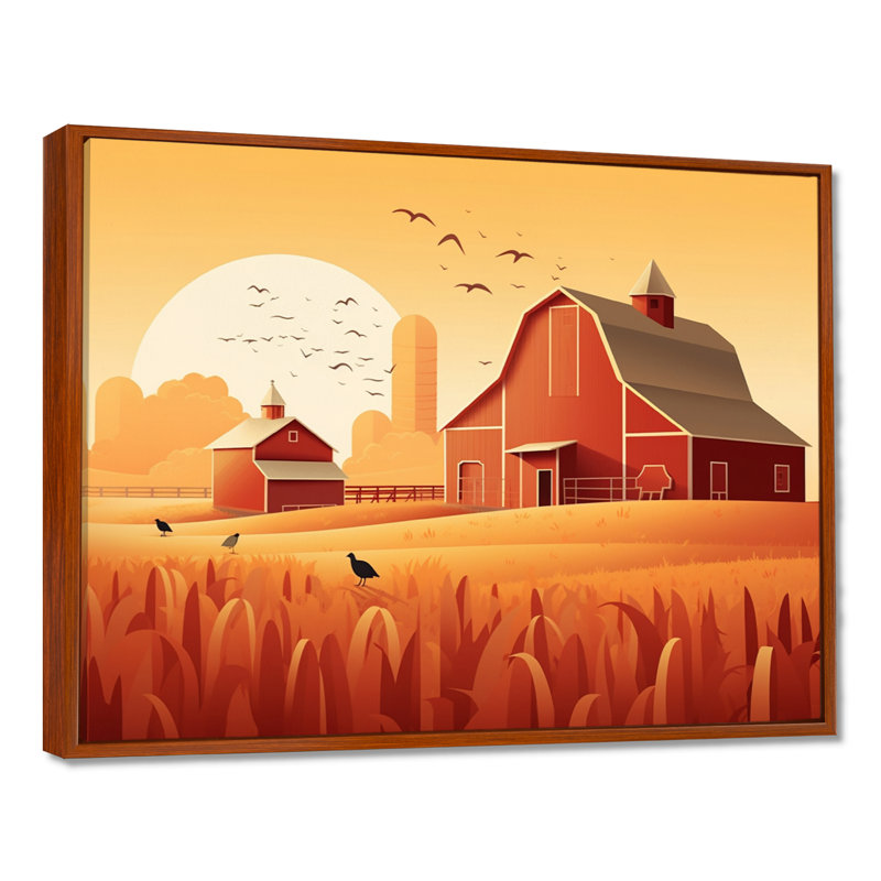 Coucher de soleil sur le champ de blé - Ferme rouge, Toile avec cadre flottant brun, H 12 po x l 20 po x P 1 po